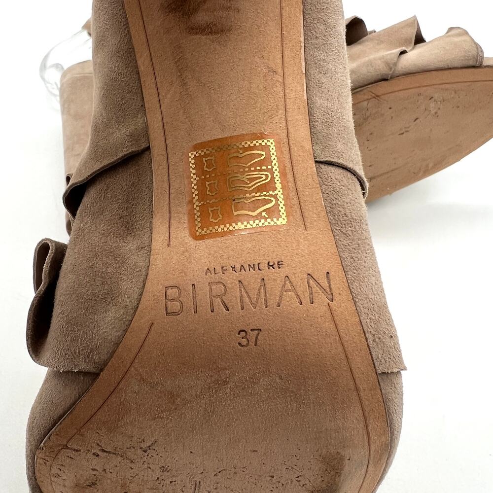 ALEXANDRE BIRMAN Ruffle Suede Heels Womens 37 Taupe Leather Ankle Wrap Sandal - Picture 7 of 16